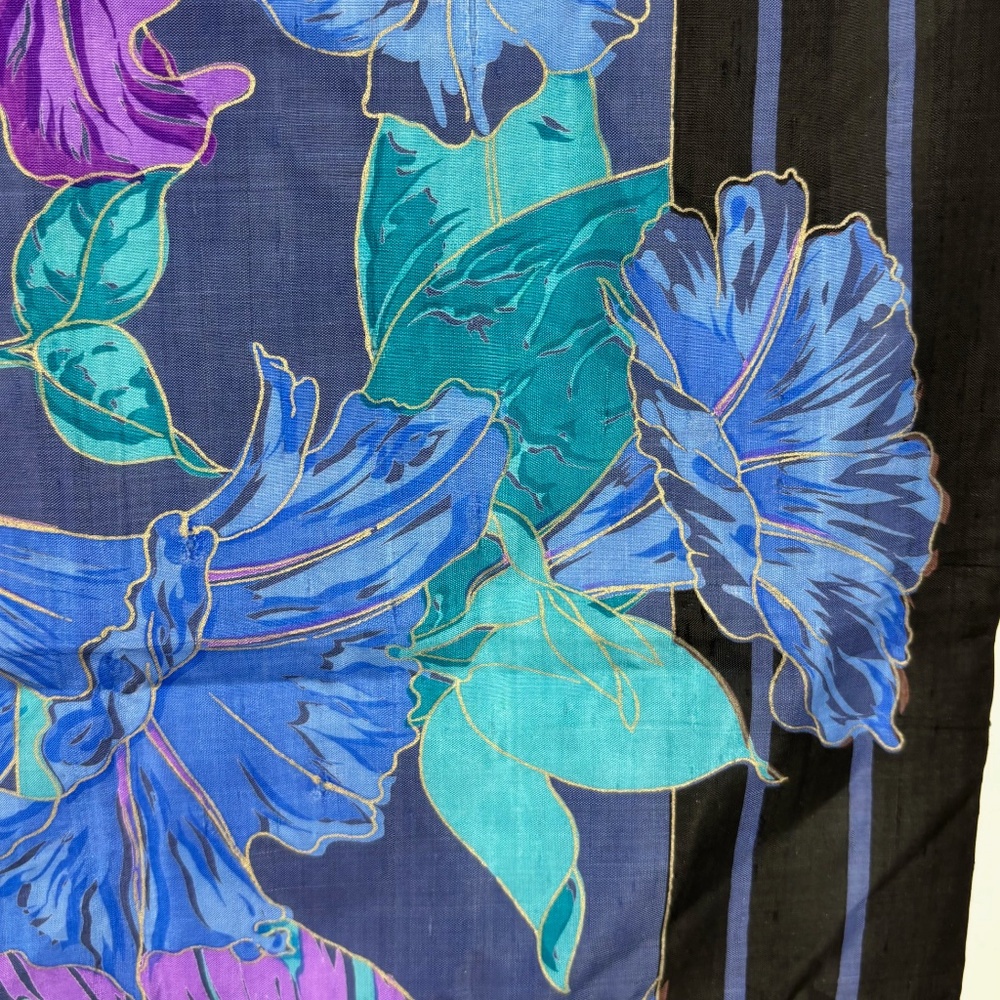 Vintage Thai Raw Slub Weave Silk Scarf Blue Purple Green Floral Gold Accents - Picture 3 of 9